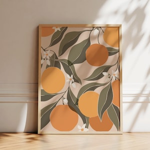Orangen Druck | Abstrakte Wandkunst | Poster mit Pflanzenmotiv Orange Illustration | Druckbare Kunst für Küche | Boho Kunstwerk | Sofort Download