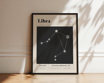 May include: A framed wall art print featuring the Libra zodiac sign. The design includes the text Libra, September 23 - October 22, The Scales, Charming, diplomatic, fair, Element: Air, Ruling Planet: Venus, Quality: Cardinal, and a star constellation.