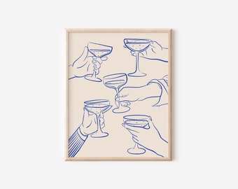 Prost Champagner Druck | Royal Blau Line Art (Instant Download)