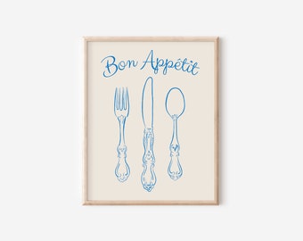 Bon Appétit Cutlery Ink Drawing | French Art Print | Silverware Line Art Illustration | Kitchen Art | Printable Artwork | Instant Download