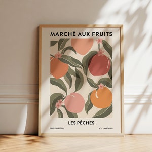 Impressão de pêssegos | Impressão do mercado de frutas | Arte abstrata de parede | pôster botânico | Ilustração de pêssego | Arte de parede de cozinha para impressão | Arte Boho