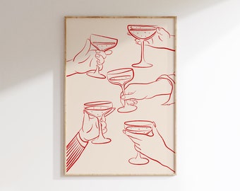 Lámina con diseño de cóctel "Cheers" / Dibujo en tinta roja (Descarga digital)