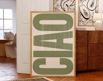 Ciao Afdrukken | Typografieposter | Trendy muurkunst | Italiaanse retro-poster | Groene kunst | Galerij kunst aan de muur | Afdrukbare kunst | Digitaal downloaden