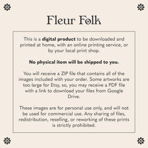 May include: A digital product information card with the title Fleur Folk. The text states this is a digital product to be downloaded and printed at home, no physical item will be shipped, files are provided via ZIP or Google Drive, and are for personal use only.