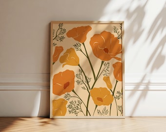 Orange Poppies Print | Abstract Art | Flower Market | Botanical Poster | California Poppy Illustration | Printable Art | Instant Download