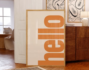 Hello Typography Print | Trendy Orange Retro Wall Art (Digital Download)