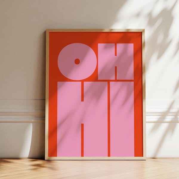 OH HI Typography Print | Modern Pink on Red Poster (Digital Download)