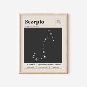 May include: A framed wall art print featuring the Scorpio zodiac sign. The design includes the text Scorpio, October 23 - November 21, the Scorpio symbol, a white star constellation on a black background, and the words The Scorpion, Mysterious, passionate, intuitive, Element: Water, Ruling Planet: Pluto, Quality: Fixed.