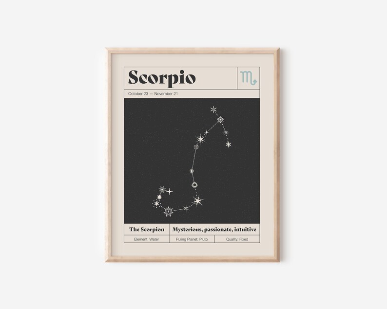 May include: A framed wall art print featuring the Scorpio zodiac sign. The design includes the text Scorpio, October 23 - November 21, the Scorpio symbol, a white star constellation on a black background, and the words The Scorpion, Mysterious, passionate, intuitive, Element: Water, Ruling Planet: Pluto, Quality: Fixed.
