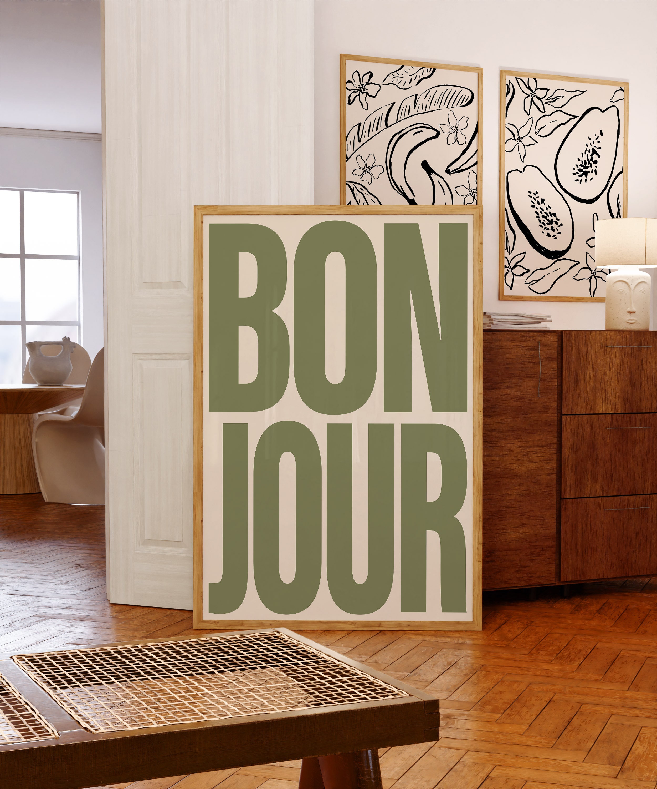 Bonjour-typografieposter | Typeafdruk | Trendy muurkunst | Retro Franse poster | Maximalistisch decor | Galerijmuurkunst | Afdrukbaar kunstwerk