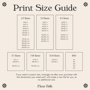 May include: A beige Print Size Guide chart featuring black text and flower icons. It lists various aspect ratios including 2:3, 3:4, 4:5, 5:7, 7:10, 11:14, and ISO sizes with corresponding dimensions in inches and centimeters. The text Fleur Folk appears at the bottom.