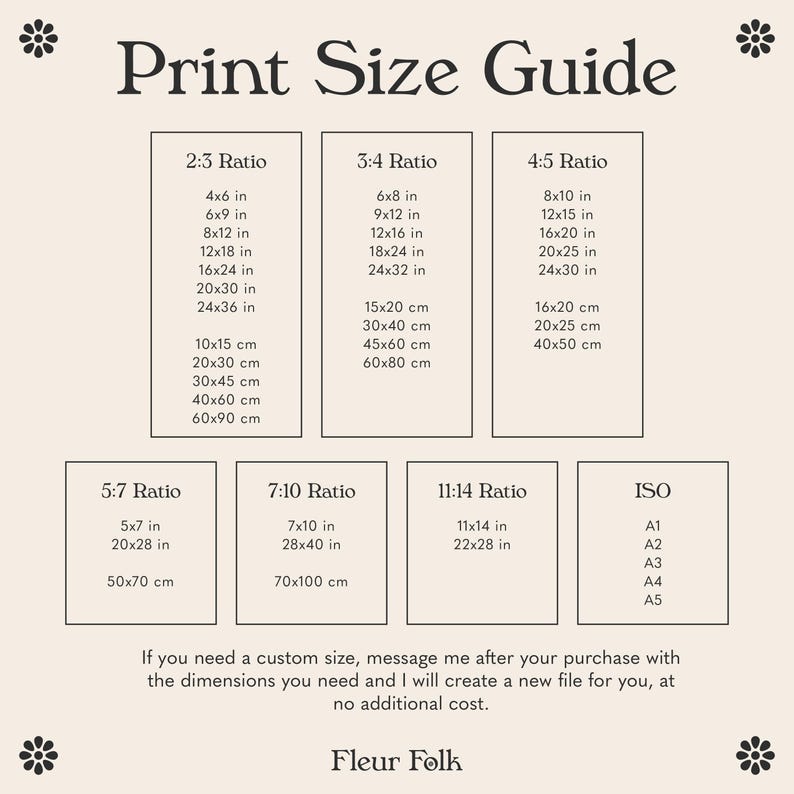 May include: A beige Print Size Guide chart featuring black text and flower icons. It lists various aspect ratios including 2:3, 3:4, 4:5, 5:7, 7:10, 11:14, and ISO sizes with corresponding dimensions in inches and centimeters. The text Fleur Folk appears at the bottom.