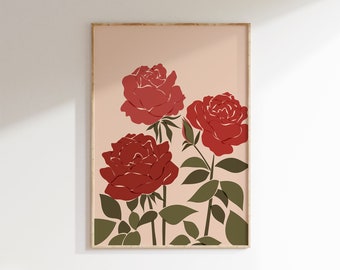 Impressão artística de rosas vermelhas | Decoração de parede floral abstrata (download instantâneo)