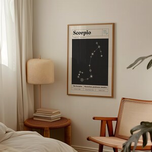 May include: A framed wall art print featuring the Scorpio zodiac sign. The design includes the word Scorpio, the dates October 23 - November 21, a white star constellation on a black background, and text describing the sign as mysterious, passionate, and intuitive.