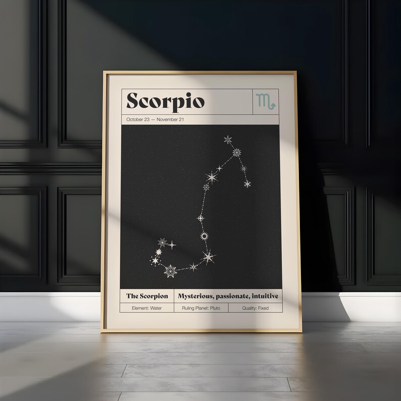 May include: A framed wall art print featuring the Scorpio zodiac sign. The design includes the text Scorpio, the dates October 23 - November 21, the Scorpio symbol, a star constellation map on a black background, and descriptive keywords.