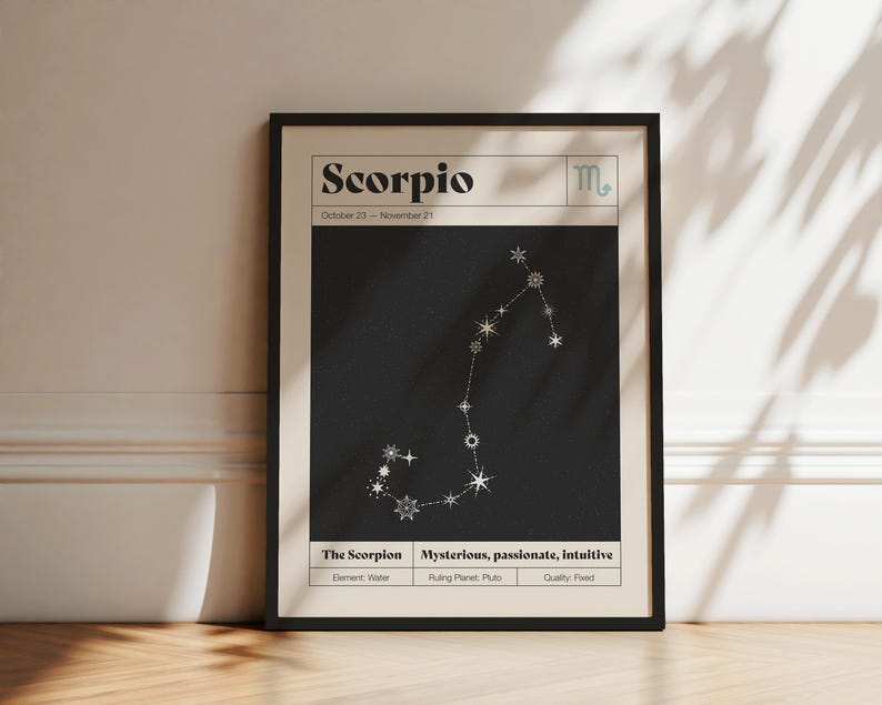 May include: A framed vertical poster featuring the Scorpio zodiac sign. The design includes the text Scorpio, October 23 - November 21, the Scorpio symbol, a white star constellation on a black background, and labels for element, planet, and quality.