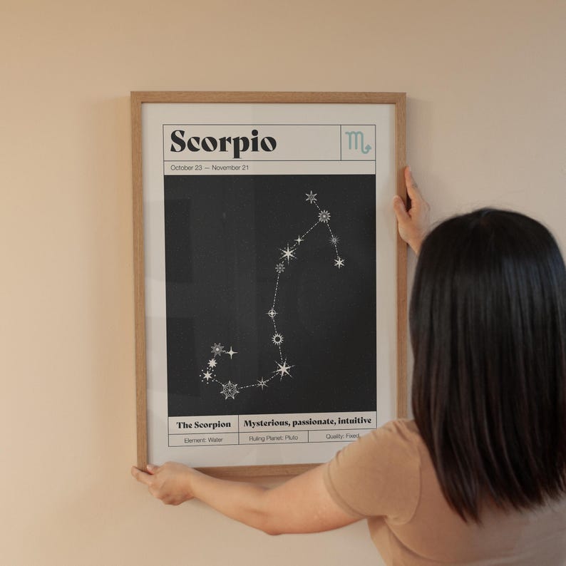 May include: A framed wall art print featuring the Scorpio zodiac sign. The design includes the text Scorpio, the dates October 23 - November 21, the Scorpio symbol, a white star constellation on a black background, and attributes like Water, Pluto, and Fixed.