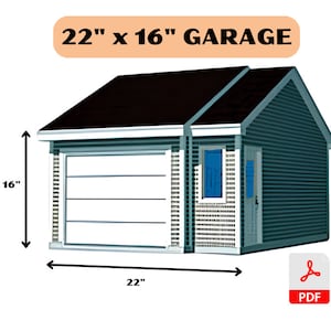 Pode incluir: Ilustração detalhada de uma garagem com dimensões de 22" x 16" (aproximadamente 56 cm x 41 cm). A garagem apresenta um telhado escuro, uma porta de garagem branca e revestimento azul. Uma pequena porta e janela são visíveis na lateral. Inclui um ícone PDF.
