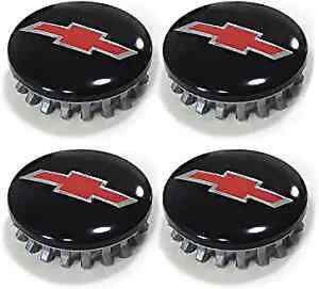 4 Chevy CENTER HUB CAPS Black W/ Red Logo Tahoe Suburban Silverado 3.25