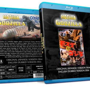 May include: Blu-ray disc case for the 1964 film "Mothra vs. Godzilla." The cover features the title in yellow and a graphic of Godzilla. The back of the case has a plot summary and details about the film.