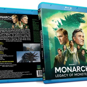 May include: Blu-ray case for "Monarch: Legacy of Monsters" Season 1. The cover shows actors and Godzilla against a green and yellow backdrop. The title is clearly visible. The back of the case lists episode details and special features.