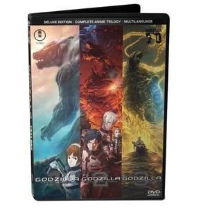 Pode incluir: Conjunto de DVD Deluxe Edition da trilogia de anime completa de Godzilla. A capa apresenta três painéis com diferentes ilustrações de Godzilla e arte de personagens. O texto inclui "GODZILLA" e "DELUXE EDITION - COMPLETE ANIME TRILOGY - MULTILANGUAGE".