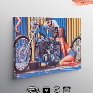 Motorcycle Garage Wall Decor, Woman and Chopper Canvas, Motorcycle Wall Decor, Chopper Motorcycle Canvas,Motorcycle Decor, Canvas for Garage