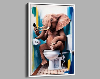 Cute Elephant in the Toilet Plays on the Phone, Funny Bathroom Poster, Funny Bathroom Decor, Funny Bath Canvas, Cute Elephant Canvas
