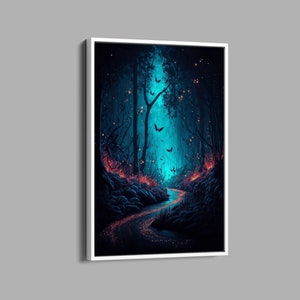 Könnte beinhalten: Ein digitaler Kunstdruck eines dunklen Waldweges mit einem leuchtend blauen Bach und fliegenden Fledermäusen. Der Weg ist von Bäumen und leuchtend roten Blumen gesäumt.