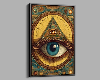 All Seeing Eye Canvas, Psychedelic illuminati Eye Poster, Surrealism design canvas, triangle theme canvas, historical painting, canvas decor