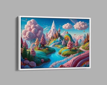The View of Candy Land Canvas, City of Candy Landscape Canvas, Cute Kids Room Decor, Pink Kids Room Decor, Gift for Kids, Girl&#39;s Room Decor