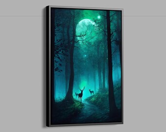 Darkness Mystical Forest Canvas, Gothic Forest Poster, Fantasy Painting, Enchanted Print Canvas, Fantasy Digital Forest Print,Deer Landscape