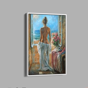 Artistic Nude Woman Portrait, Woman Wall Art, Naked Woman Canvas, Woman Theme Canvas Home Decor, Retro Style Nude Landscape Drawing White Frame