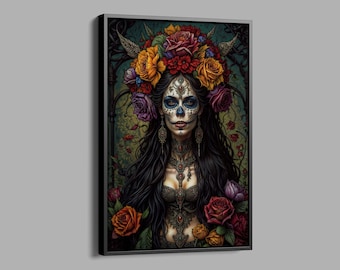 Dia de Muertos Canvas, Dead Woman Portrait, Day of the Dead Woman Portrait, Floral Woman Canvas, Gothic Poster, Dia de Muertos Decor
