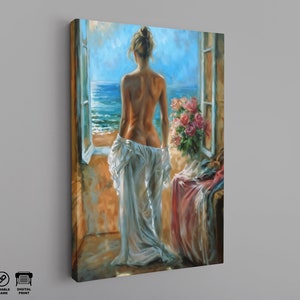 May include: A painting of a woman standing in a room with a window open to a view of the ocean. She is wearing a white dress and has her back to the viewer. There are flowers in a vase on the windowsill.