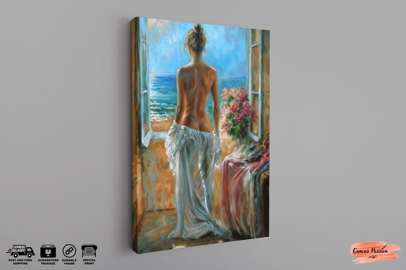 May include: A painting of a woman standing in a room with a window open to a view of the ocean. She is wearing a white dress and has her back to the viewer. There are flowers in a vase on the windowsill.
