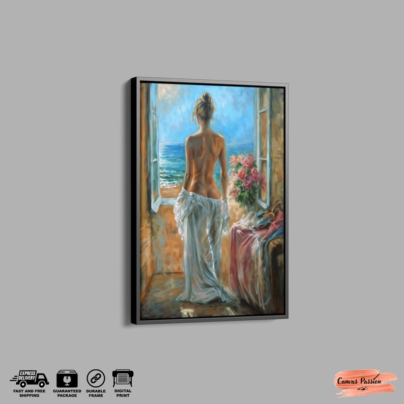 Artistic Nude Woman Portrait, Woman Wall Art, Naked Woman Canvas, Woman Theme Canvas Home Decor, Retro Style Nude Landscape Drawing Black Frame