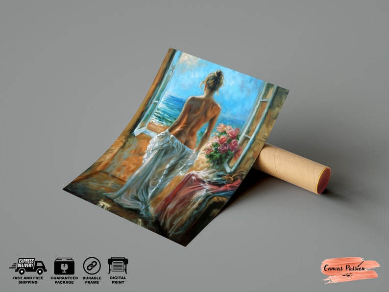 Artistic Nude Woman Portrait, Woman Wall Art, Naked Woman Canvas, Woman Theme Canvas Home Decor, Retro Style Nude Landscape Drawing Roll Canvas