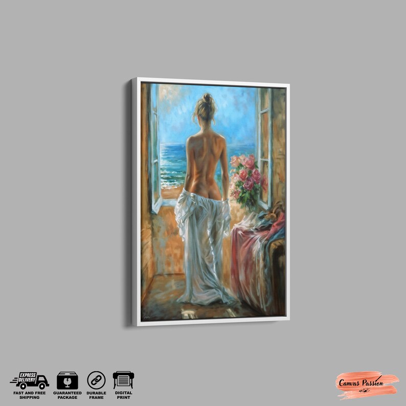 Artistic Nude Woman Portrait, Woman Wall Art, Naked Woman Canvas, Woman Theme Canvas Home Decor, Retro Style Nude Landscape Drawing White Frame