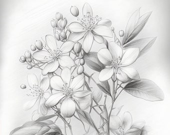 Flores de jasmim, Esboço a lápis, Arte botânica, Floral, Belas artes, Ilustração da natureza, Arte em preto e branco, Esboço de flores, Arte de jasmim, Graphit