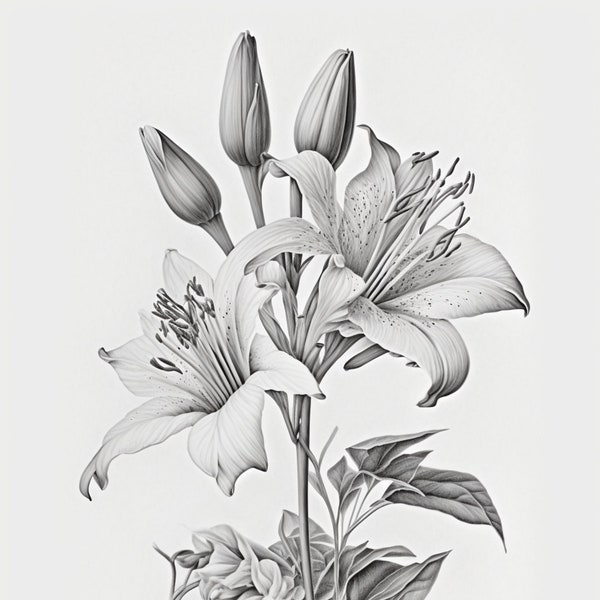 Lily flowers, Pencil sketch, Botanical art, Floral, Fine art, Nature illustration, Black and white art, Flower sketch, Lily art, Graphite