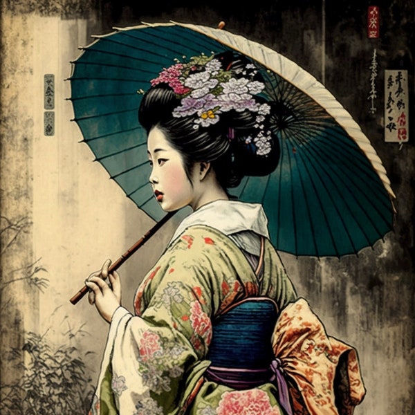 Edo Period Japanese Geisha Walking Japanese Print Line art Japanese art, Edo period, Geisha, Woodblock print, Ukiyo-e, Kabuki, Traditional
