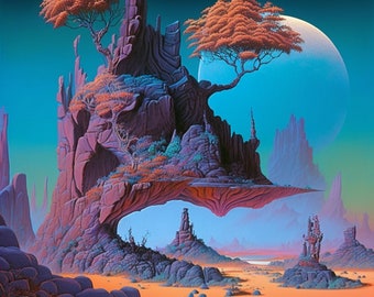 Uma paisagem fantástica de outro mundo no estilo de Roger Dean, Paisagem de fantasia, Cenário de outro mundo, Arte surreal de planeta alienígena