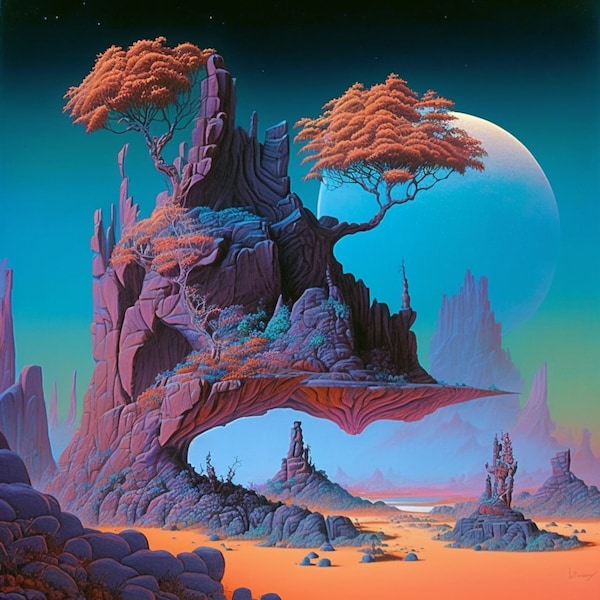 A fantastical, otherworldly landscape in the style of Roger Dean , Fantasy landscape,  Otherworldly scenery, Alien planet Surreal artwork