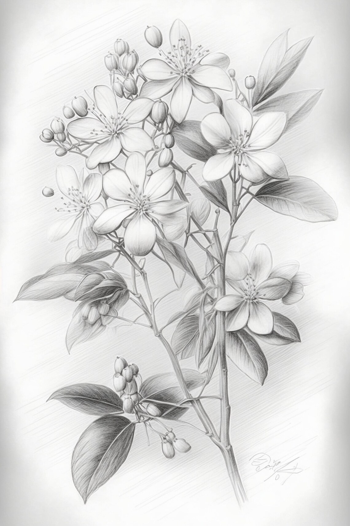 Jasmin Flowers, Pencil Sketch, Botanical Art, Floral, Fine Art, Nature Illustration, Black and
