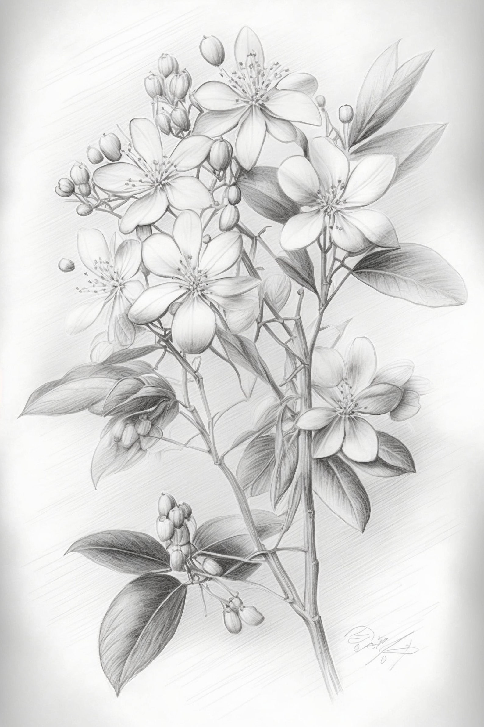 Jasmin Flowers, Pencil Sketch, Botanical Art, Floral, Fine Art, Nature