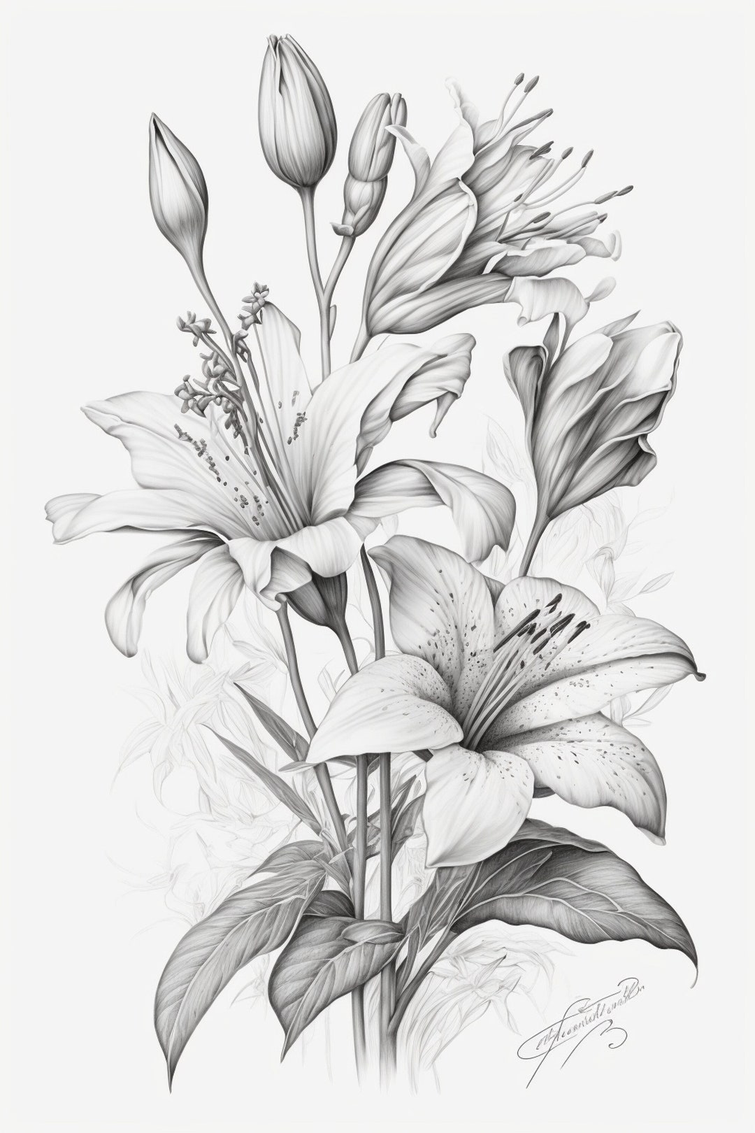 Lily Flowers Pencil Sketch Botanical Art Floral Fine Art Etsy