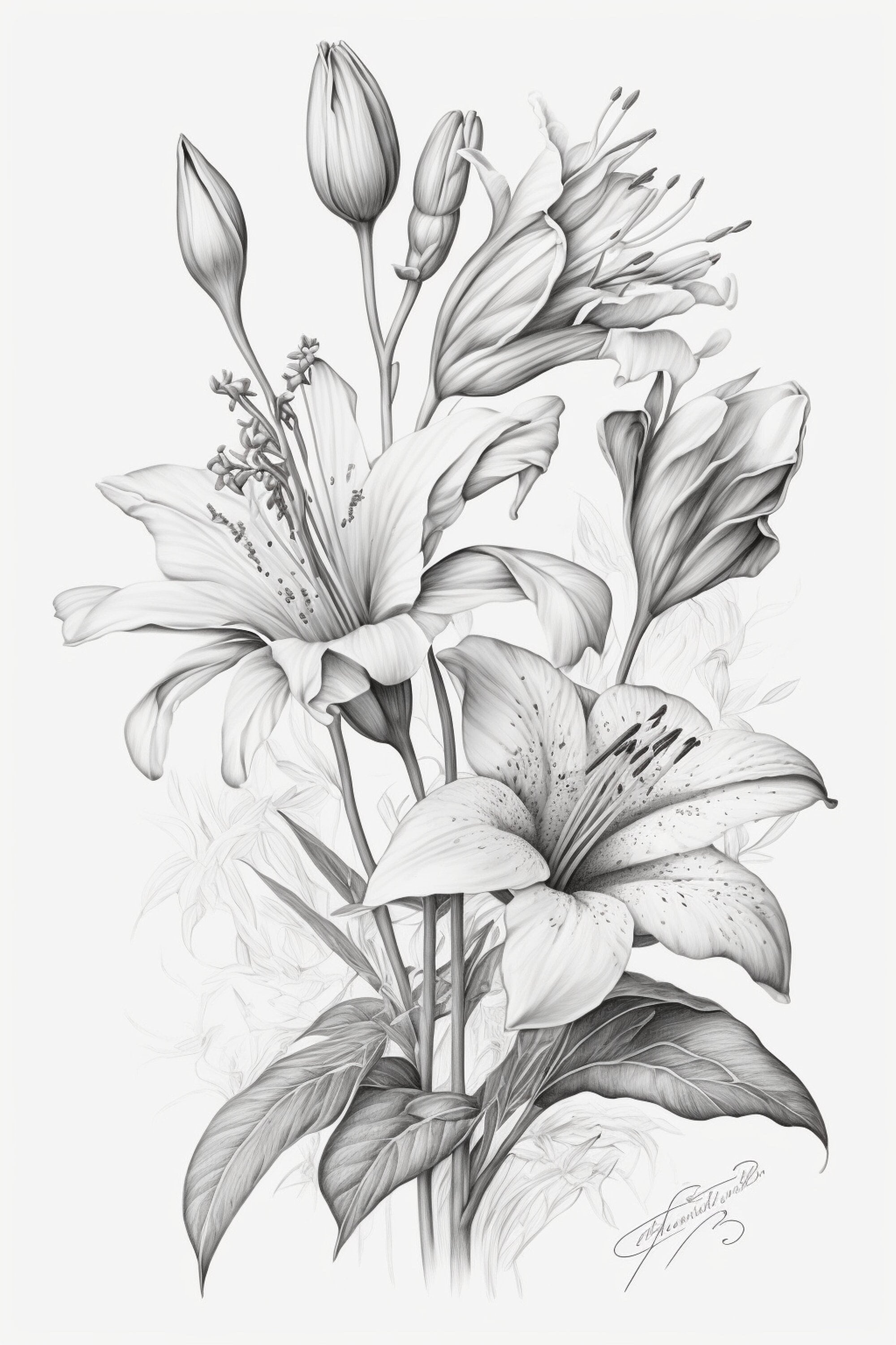 Lily Flowers, Pencil Sketch, Botanical Art, Floral, Fine Art, Nature
