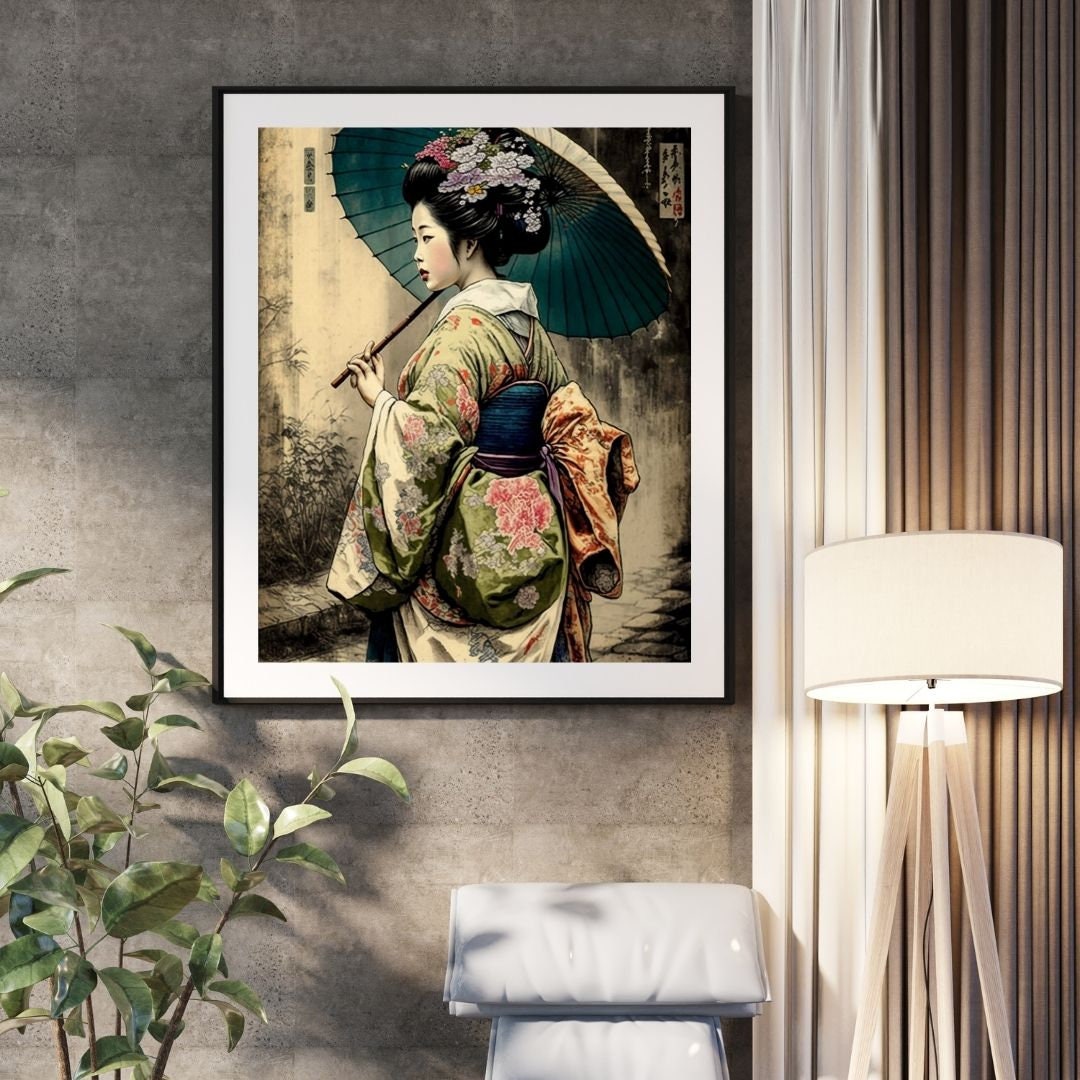 Edo Period Japanese Geisha Walking Japanese Print Line Art Japanese Art ...