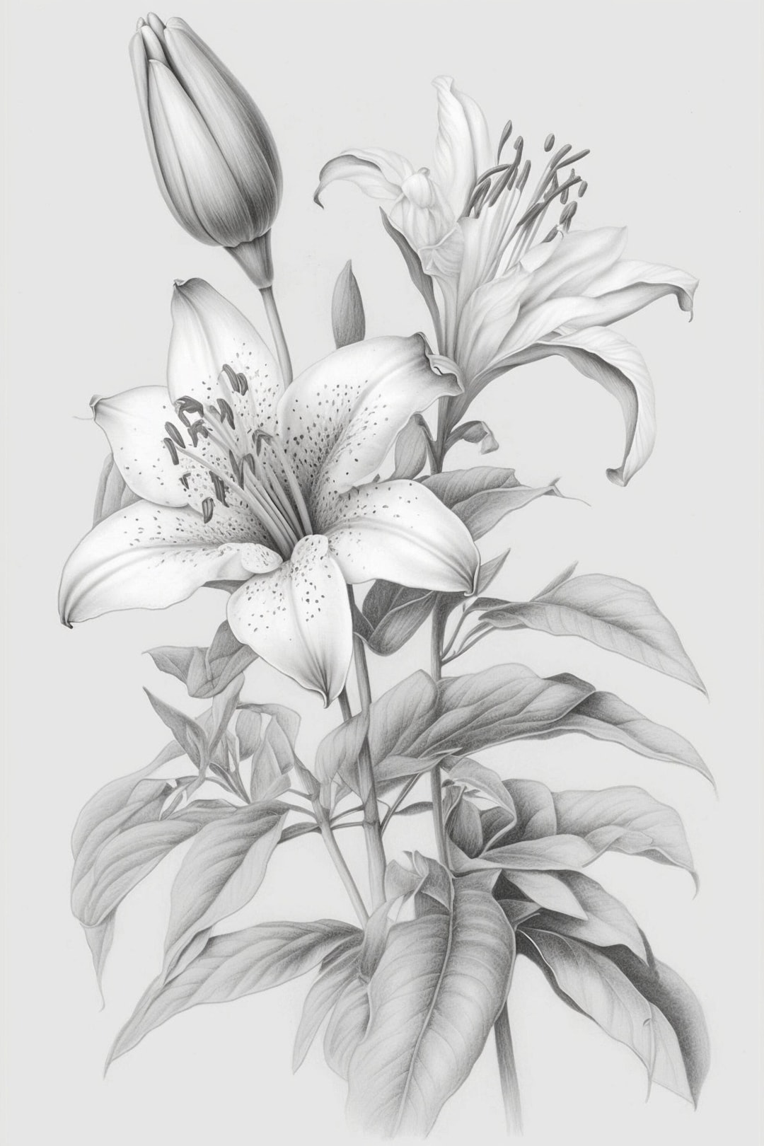 ユリの花、鉛筆スケッチ、植物画、花、美術、自然イラスト、白黒